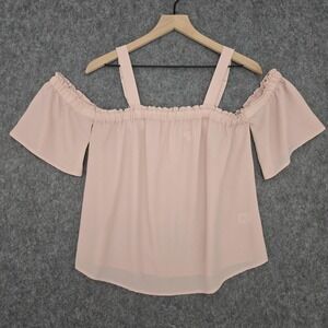 Candie's Blouse Juniors M Pink Off Shoulder Cold Shoulder Ruffle Top Chiffon